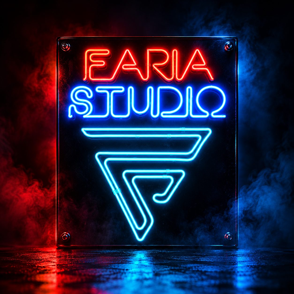 Logo do Faria Studio em placa neon, com fumaça vermelha e azul