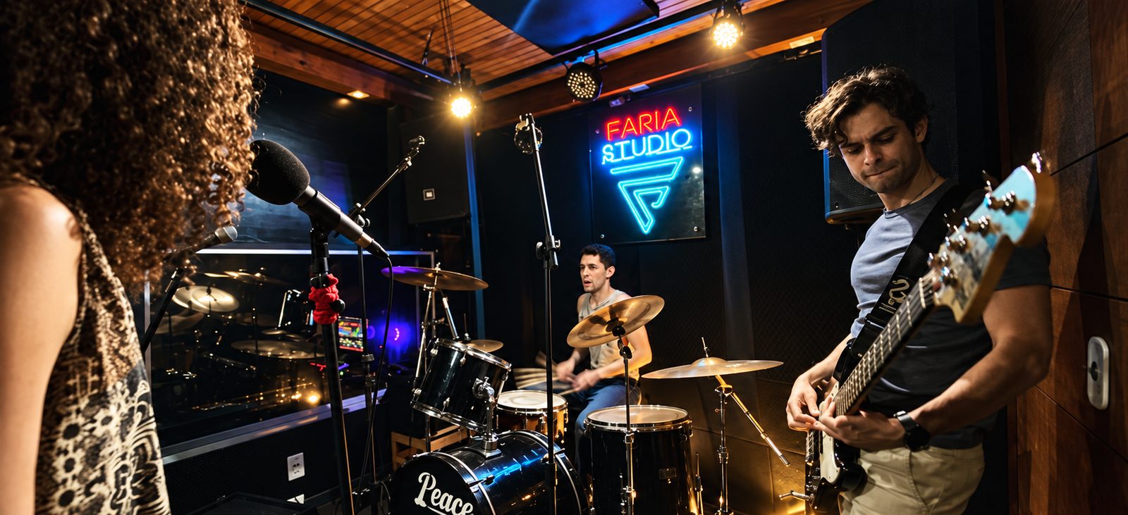 Banda tocando na sala principal do Faria Studio