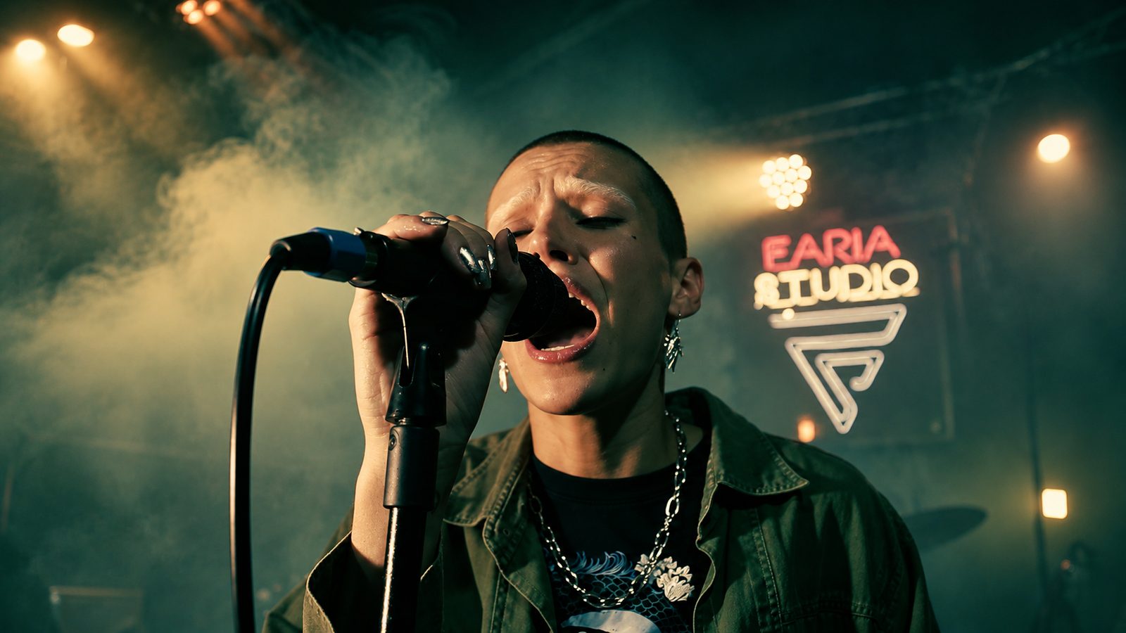 Vocalista cantando sob luz verde e fumaça no Faria Studio
