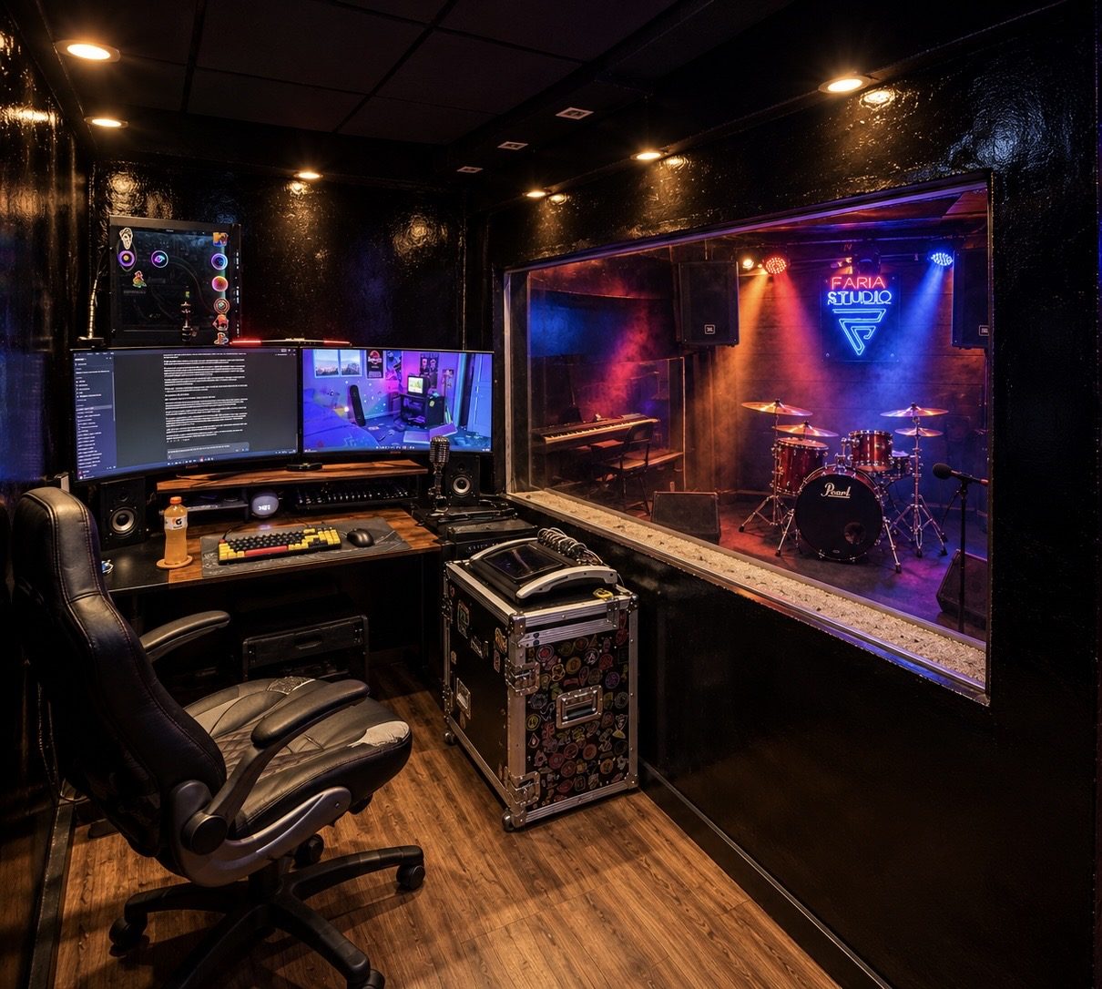 Sala técnica do Faria Studio, com workstation e vidro para a sala principal