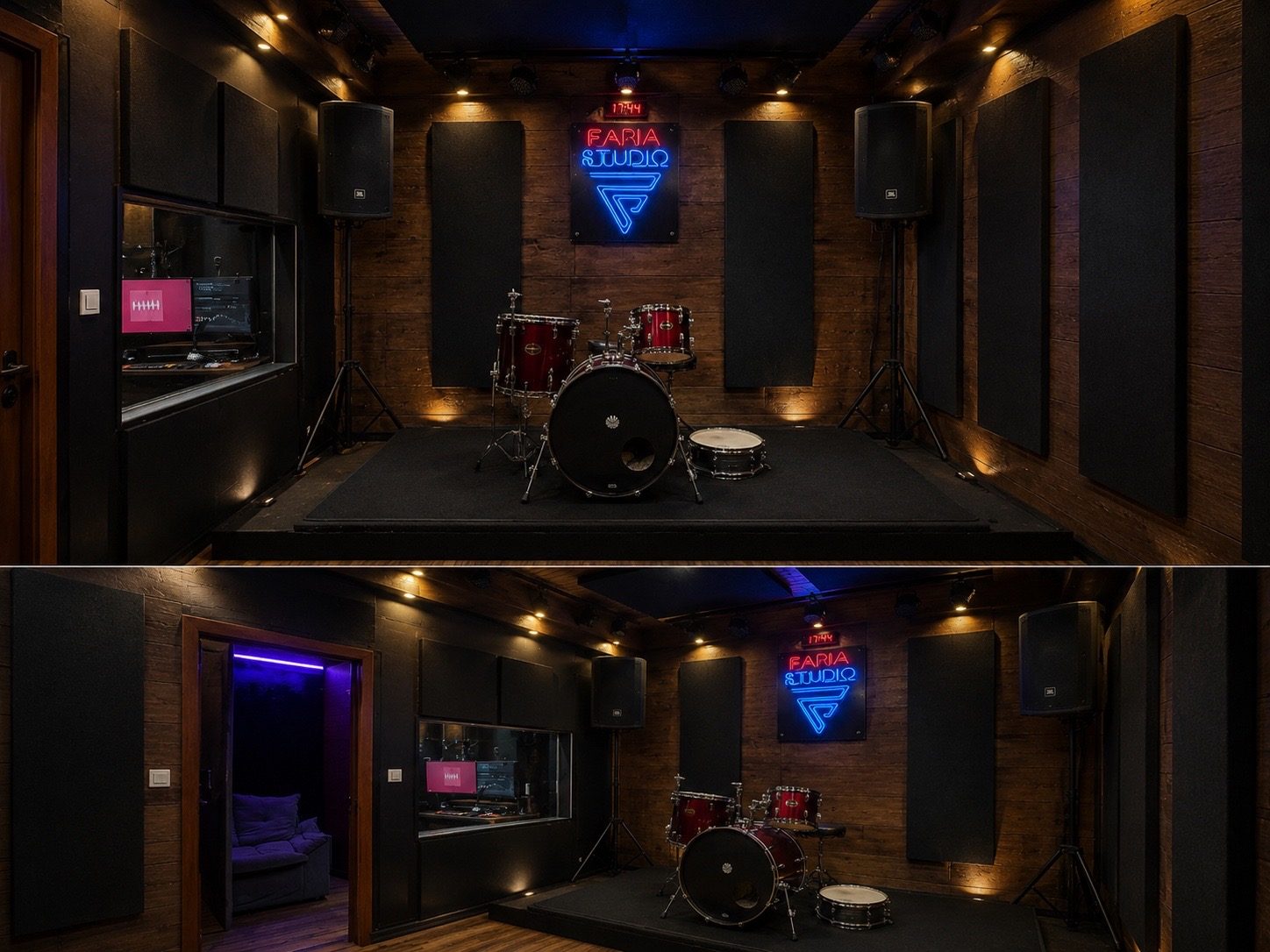 Composição com duas vistas da sala principal do Faria Studio