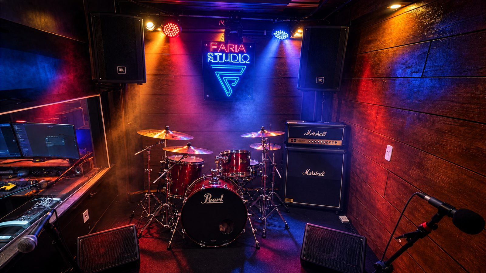 Sala principal do Faria Studio com luz vermelha e azul sobre a bateria