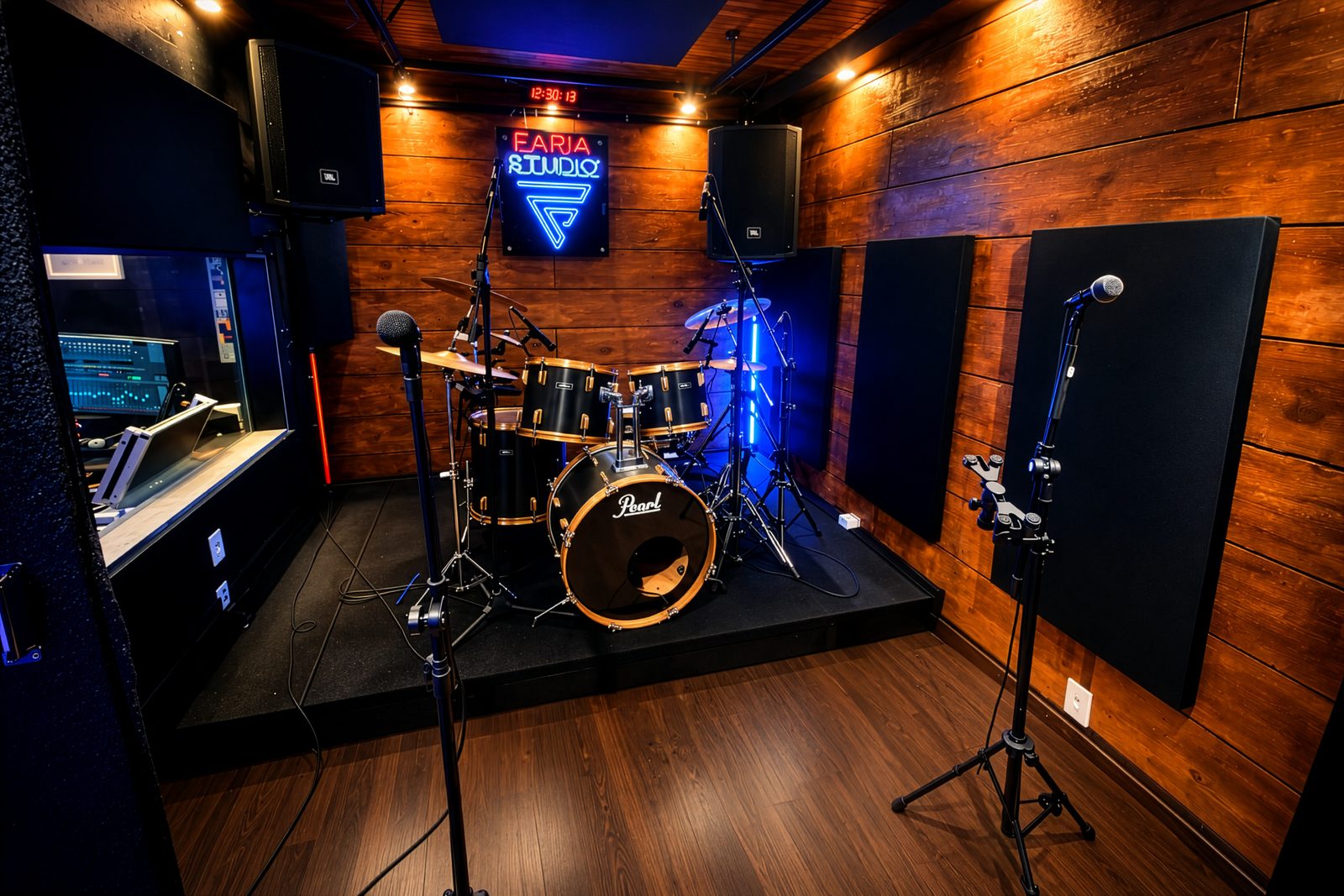 Live room do Faria Studio em Belo Horizonte, com bateria Pearl, painéis acústicos e madeira